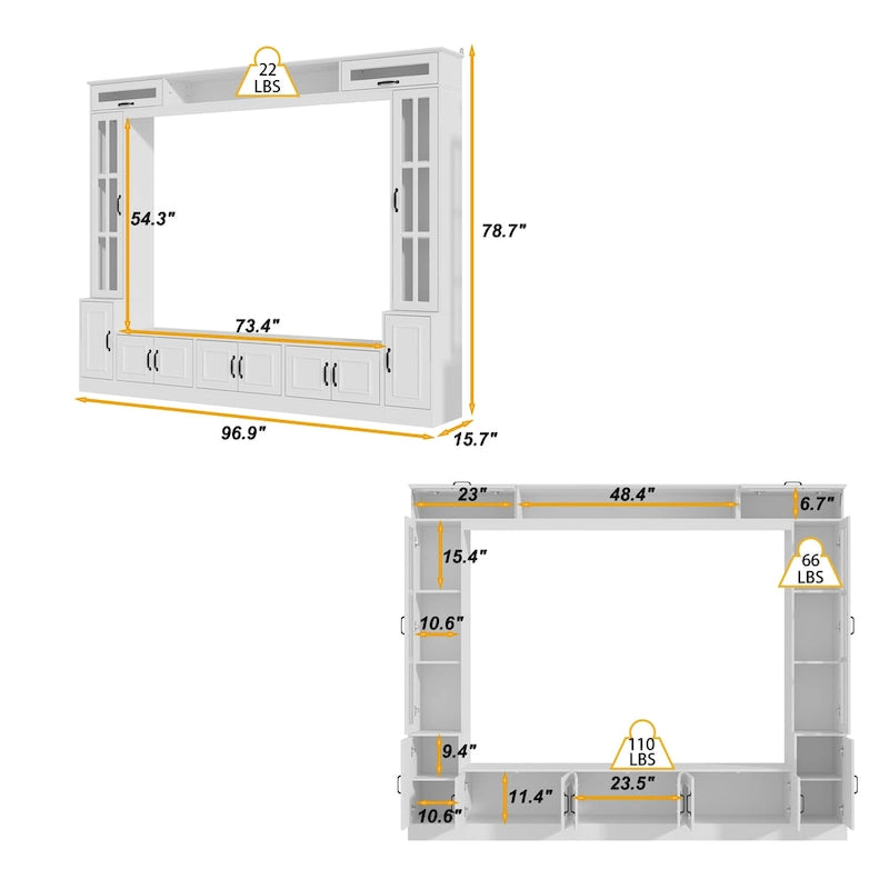 Meuble TV blanc avec portes latérales en verre trempé et éléments hauts hydrauliques - Usage unique