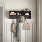 Patère murale en bois expresso avec 4 crochets doubles et étagère de rangement - Usage unique