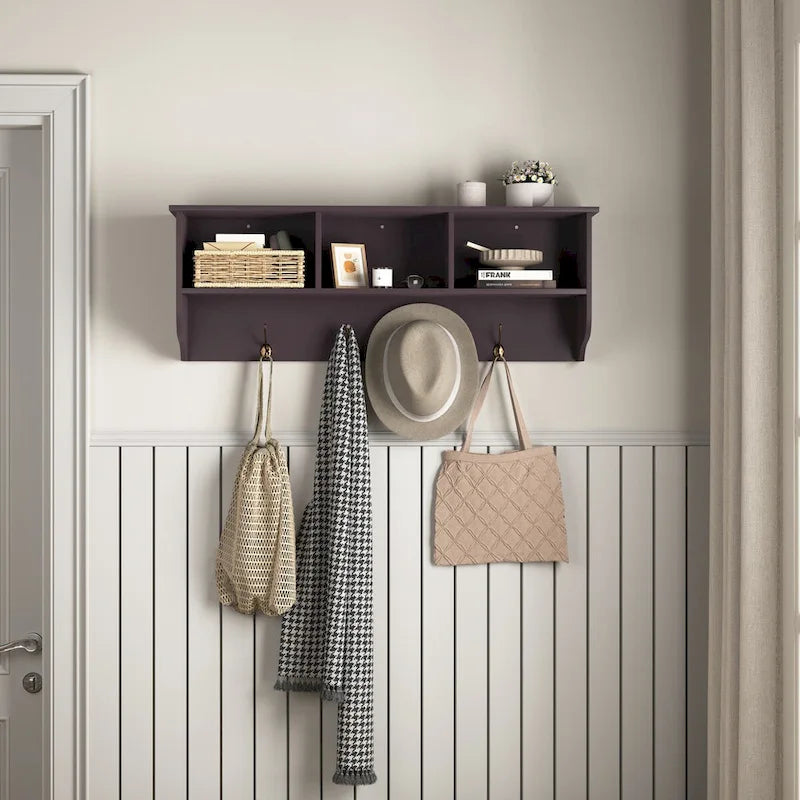 Patère murale en bois expresso avec 4 crochets doubles et étagère de rangement - Usage unique