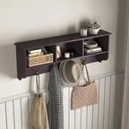 Patère murale en bois expresso avec 4 crochets doubles et étagère de rangement - Usage unique