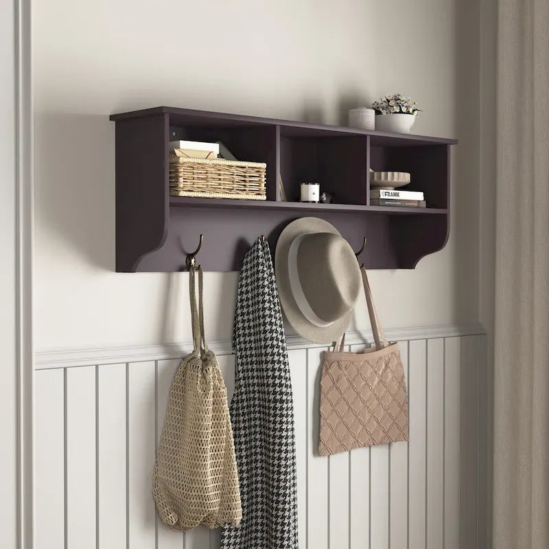Patère murale en bois expresso avec 4 crochets doubles et étagère de rangement - Usage unique