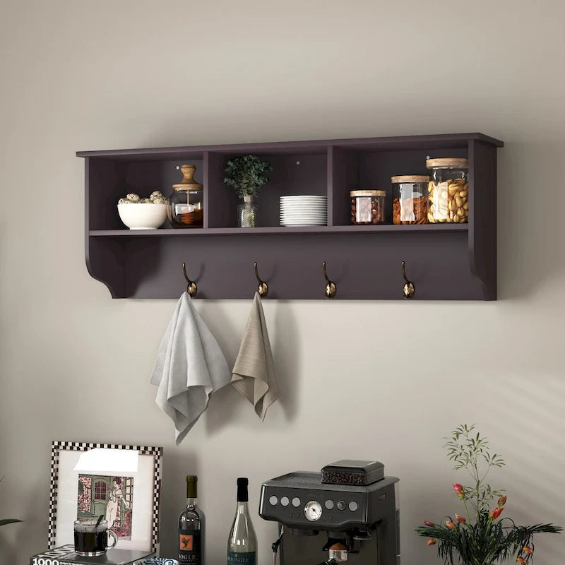 Patère murale en bois expresso avec 4 crochets doubles et étagère de rangement - Usage unique