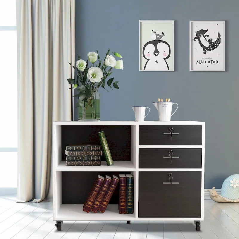 Caisson de classement mobile à 3 tiroirs (blanc/noir, noir/gris, noir ou gris) avec tiroirs verrouillables et roulettes