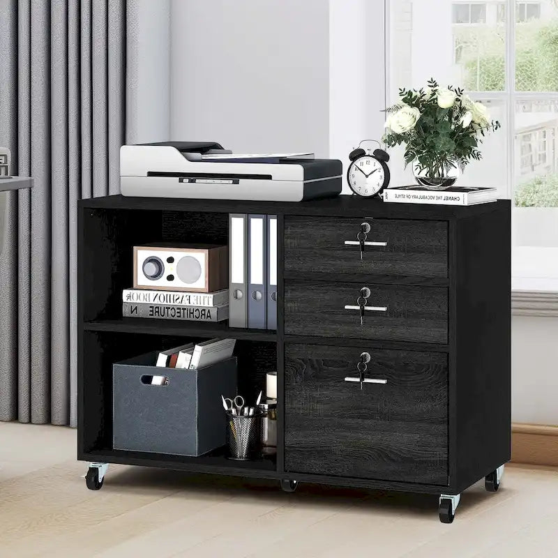 Caisson de classement mobile à 3 tiroirs (blanc/noir, noir/gris, noir ou gris) avec tiroirs verrouillables et roulettes