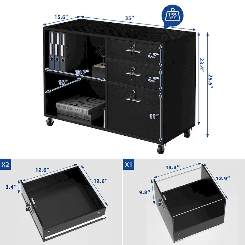 Caisson de classement mobile à 3 tiroirs (blanc/noir, noir/gris, noir ou gris) avec tiroirs verrouillables et roulettes
