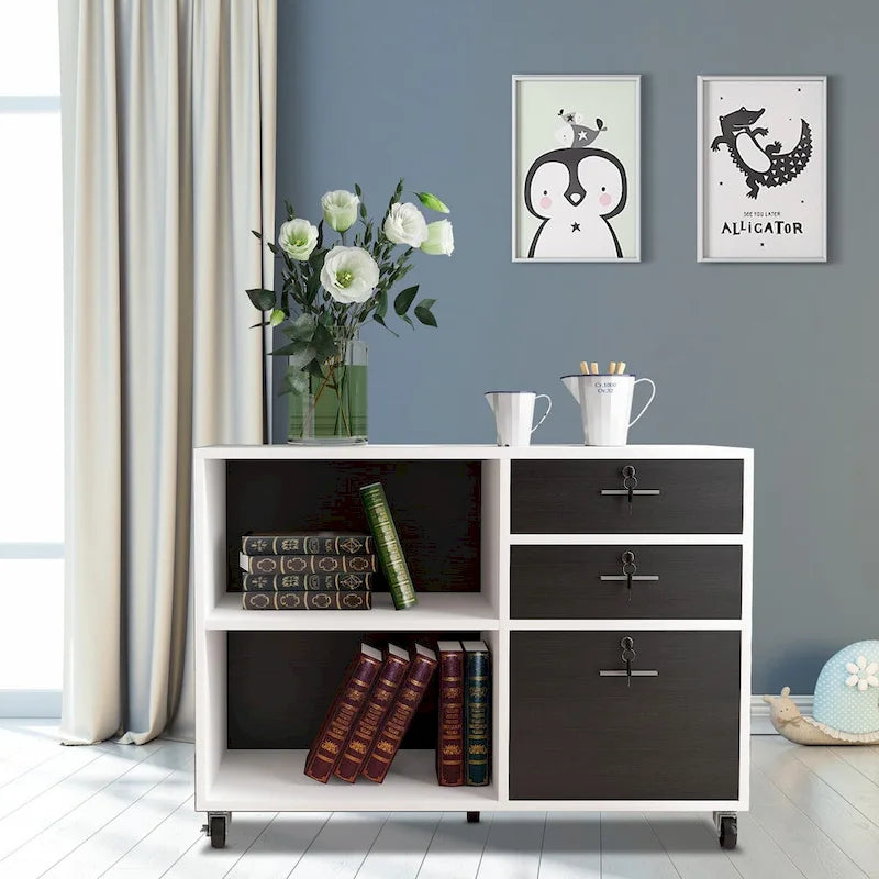 Caisson de classement mobile à 3 tiroirs (blanc/noir, noir/gris, noir ou gris) avec tiroirs verrouillables et roulettes