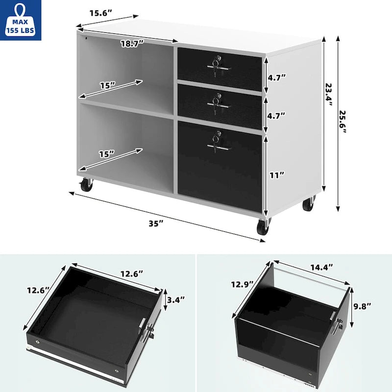 Caisson de classement mobile à 3 tiroirs (blanc/noir, noir/gris, noir ou gris) avec tiroirs verrouillables et roulettes