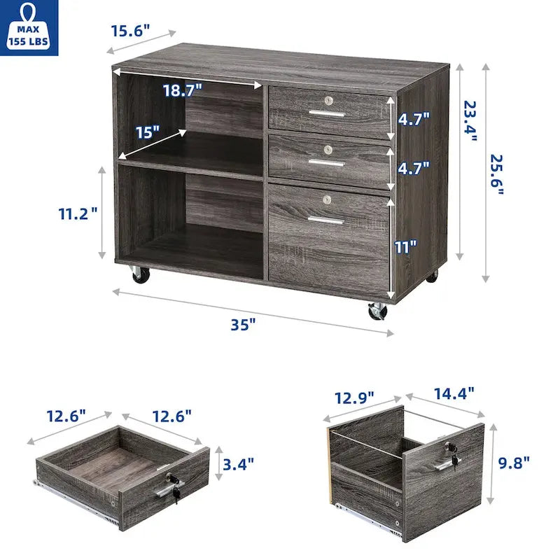 Caisson de classement mobile à 3 tiroirs (blanc/noir, noir/gris, noir ou gris) avec tiroirs verrouillables et roulettes