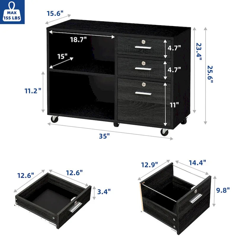 Caisson de classement mobile à 3 tiroirs (blanc/noir, noir/gris, noir ou gris) avec tiroirs verrouillables et roulettes