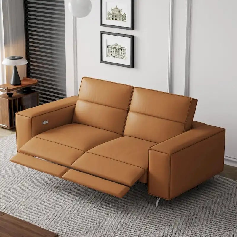 Canapé inclinable électrique moderne en cuir orange au design ergonomique - Pour 3 personnes