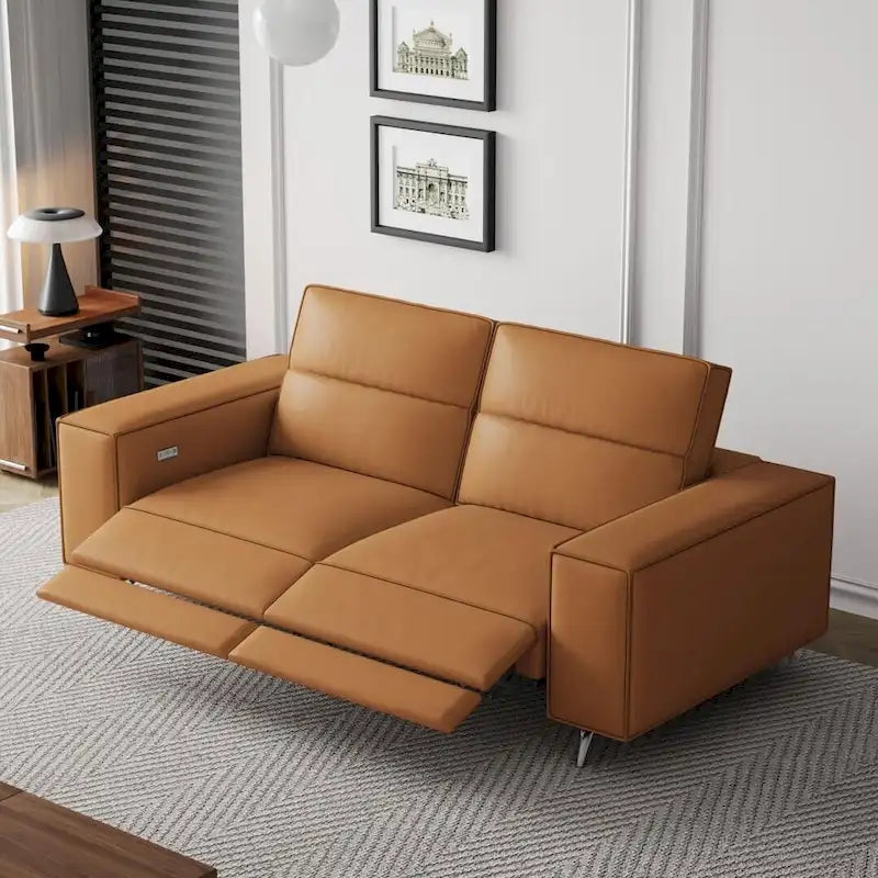 Canapé inclinable électrique moderne en cuir orange au design ergonomique - Pour 3 personnes