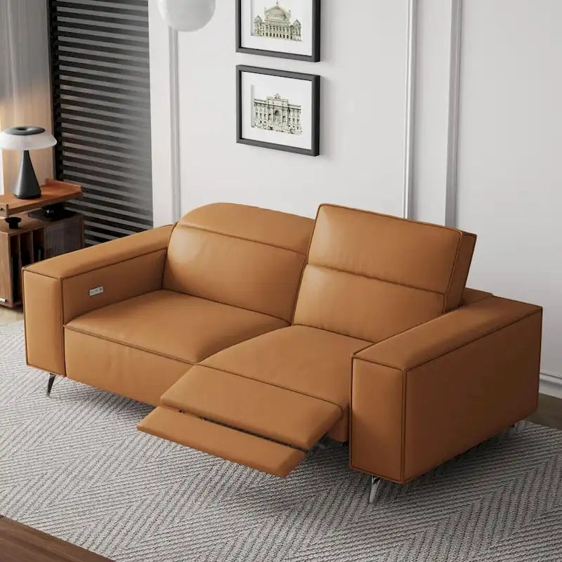 Canapé inclinable électrique moderne en cuir orange au design ergonomique - Pour 3 personnes
