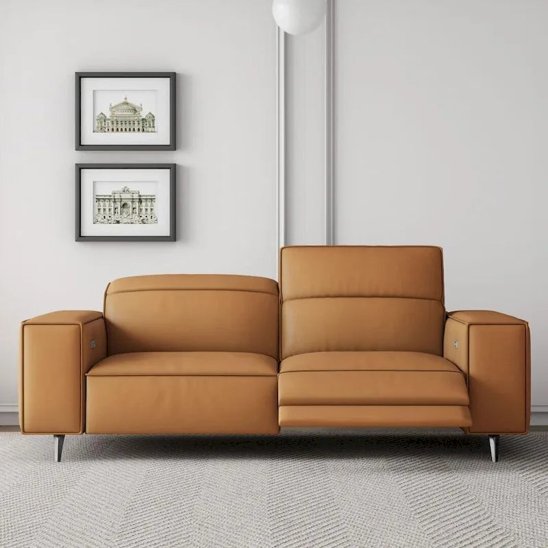 Canapé inclinable électrique moderne en cuir orange au design ergonomique - Pour 3 personnes