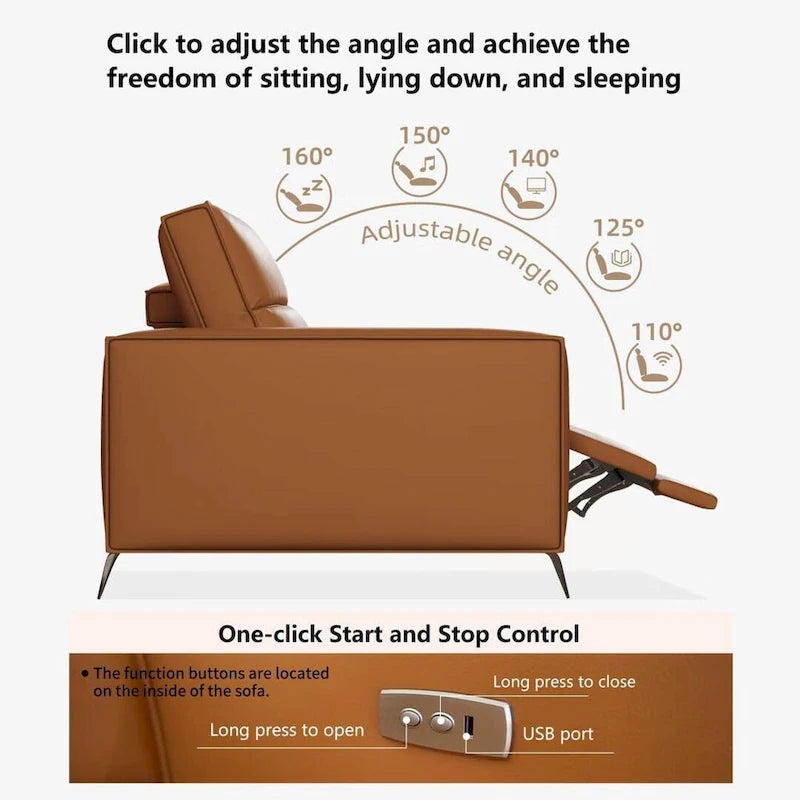 Canapé inclinable électrique moderne en cuir orange au design ergonomique - Pour 3 personnes
