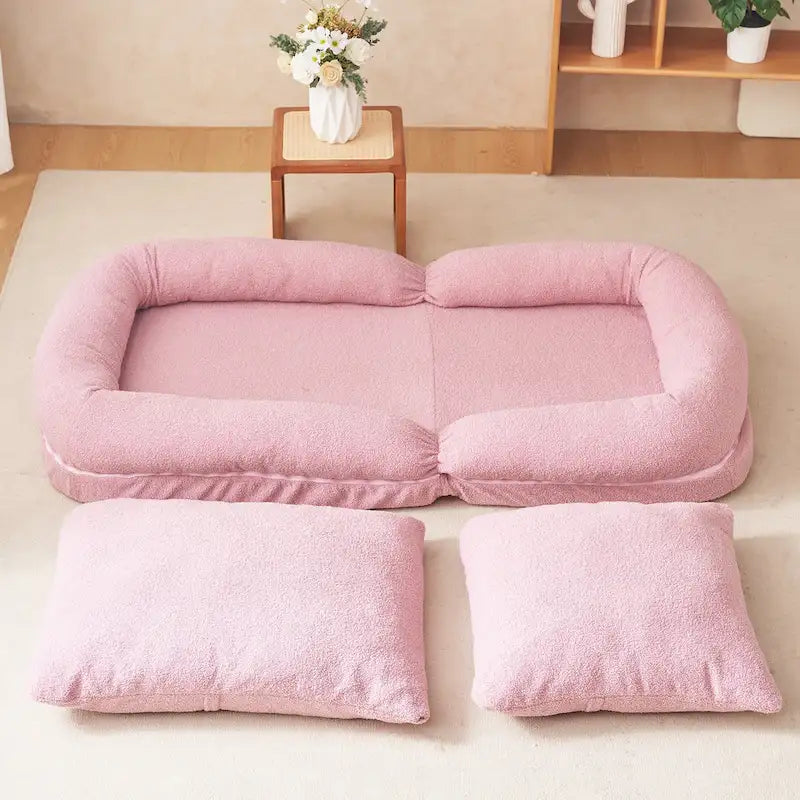 Canapé-lit pliable trois places rembourré beige/rose avec 18 positions réglables - Usage unique