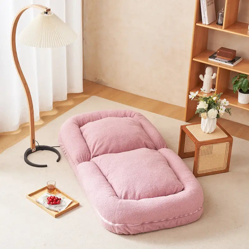 Canapé-lit pliable trois places rembourré beige/rose avec 18 positions réglables - Usage unique