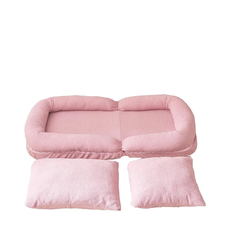 Canapé-lit pliable trois places rembourré beige/rose avec 18 positions réglables - Usage unique