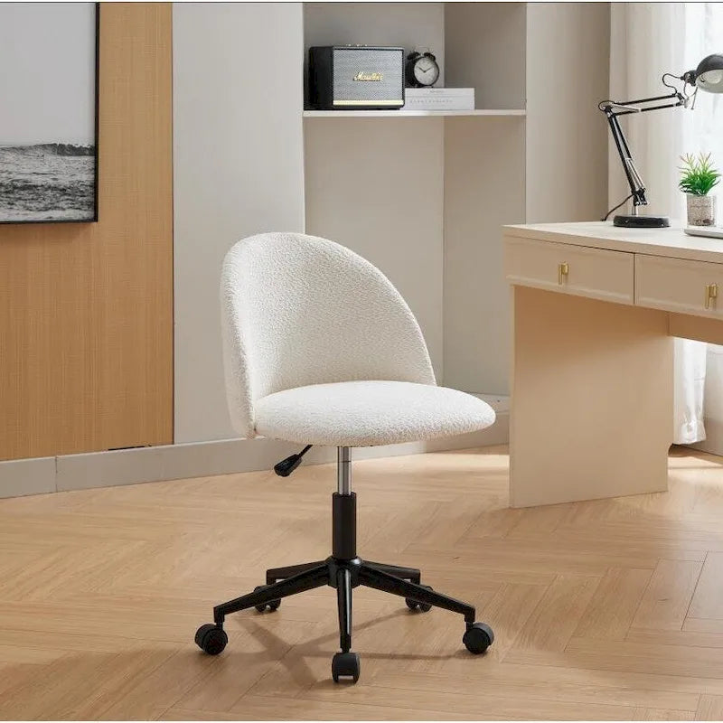 Chaise de bureau pivotante mi-dossier blanche et noire en tissu bouclé avec pieds en métal noir - Usage unique