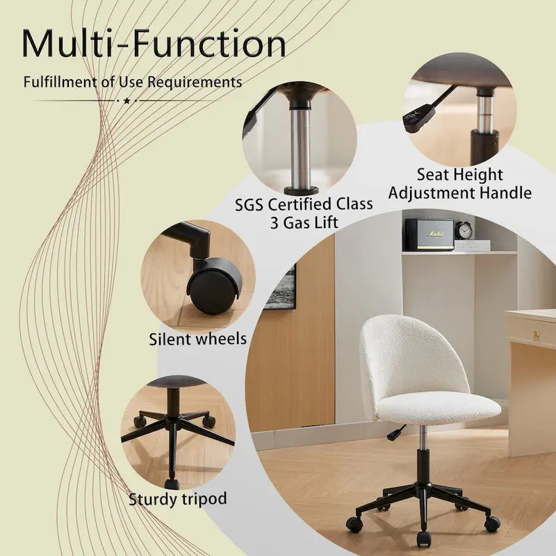 Chaise de bureau pivotante mi-dossier blanche et noire en tissu bouclé avec pieds en métal noir - Usage unique