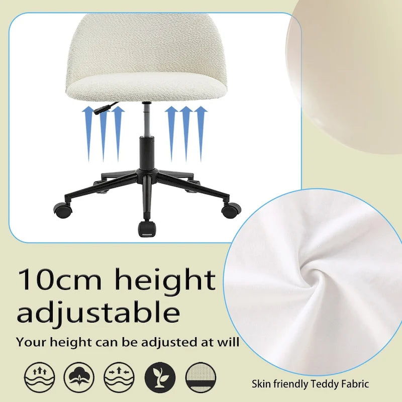 Chaise de bureau pivotante mi-dossier blanche et noire en tissu bouclé avec pieds en métal noir - Usage unique