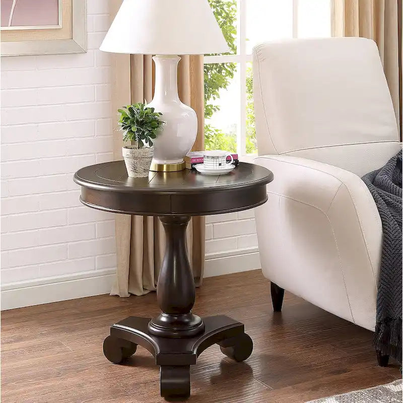 Table d'appoint ronde à piédestal en bois expresso avec pieds en volute - Usage unique