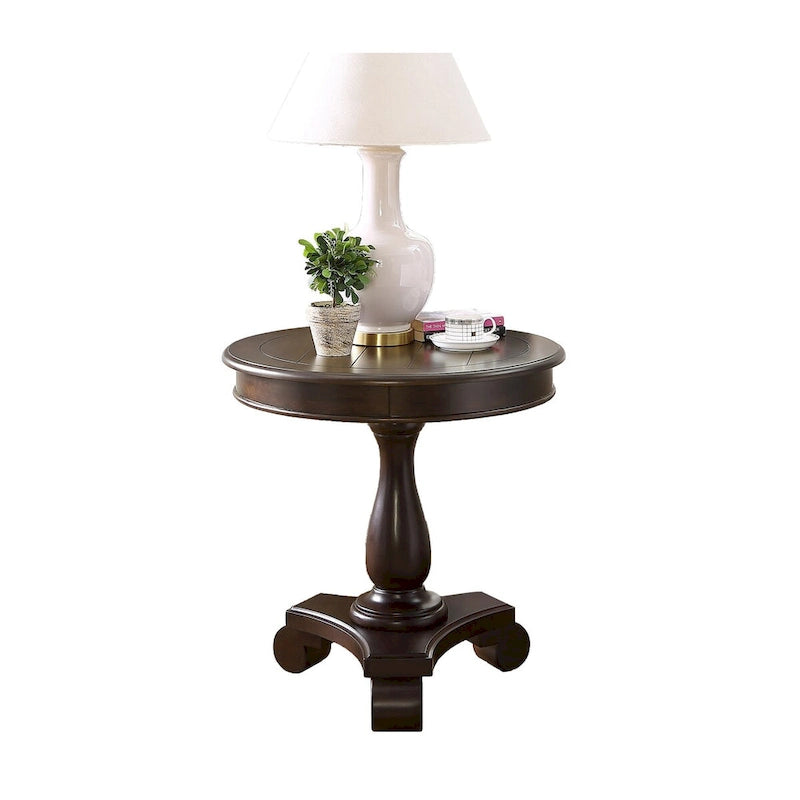 Table d'appoint ronde à piédestal en bois expresso avec pieds en volute - Usage unique