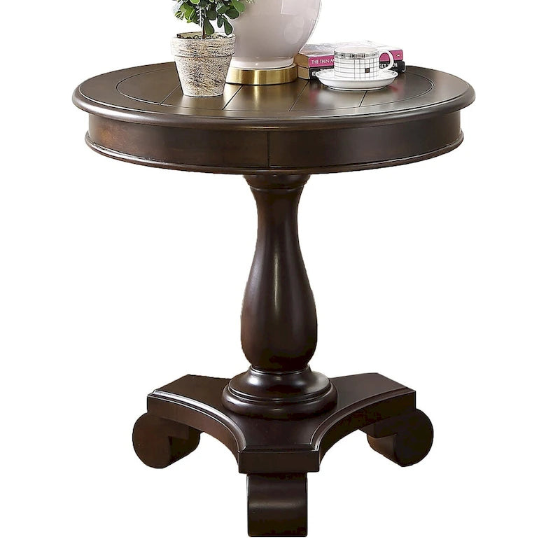 Table d'appoint ronde à piédestal en bois expresso avec pieds en volute - Usage unique