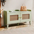 Banc à chaussures 2 portes en bois vert avec portes en rotin et rangement 2 niveaux - Usage unique