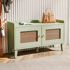 Banc à chaussures 2 portes en bois vert avec portes en rotin et rangement 2 niveaux - Usage unique