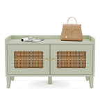Banc à chaussures 2 portes en bois vert avec portes en rotin et rangement 2 niveaux - Usage unique