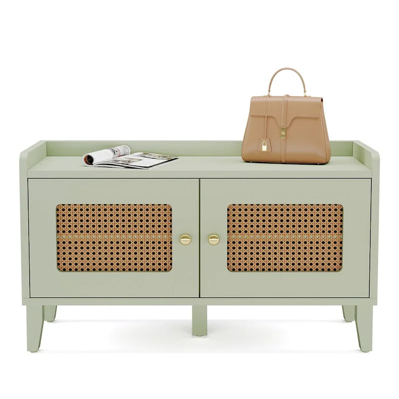 Banc à chaussures 2 portes en bois vert avec portes en rotin et rangement 2 niveaux - Usage unique