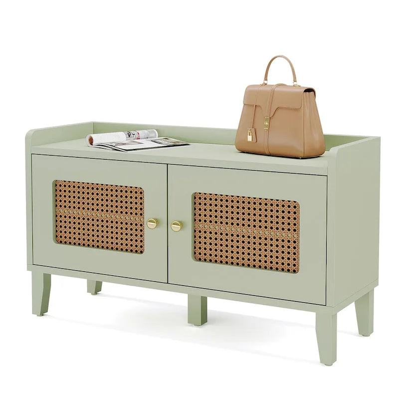 Banc à chaussures 2 portes en bois vert avec portes en rotin et rangement 2 niveaux - Usage unique