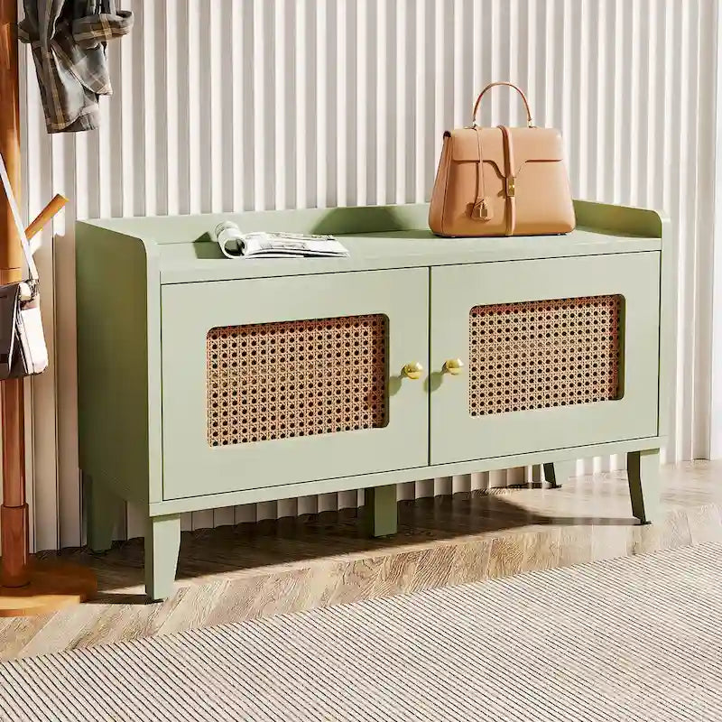 Banc à chaussures 2 portes en bois vert avec portes en rotin et rangement 2 niveaux - Usage unique