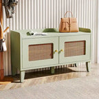 Banc à chaussures 2 portes en bois vert avec portes en rotin et rangement 2 niveaux - Usage unique