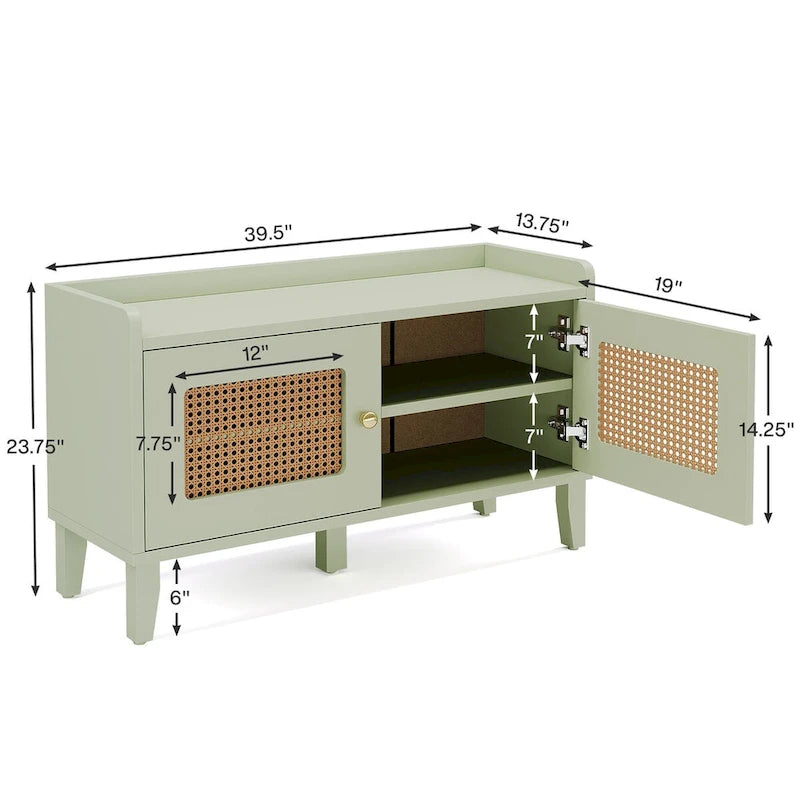 Banc à chaussures 2 portes en bois vert avec portes en rotin et rangement 2 niveaux - Usage unique