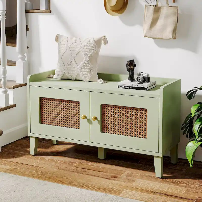 Banc à chaussures 2 portes en bois vert avec portes en rotin et rangement 2 niveaux - Usage unique