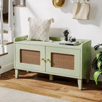 Banc à chaussures 2 portes en bois vert avec portes en rotin et rangement 2 niveaux - Usage unique