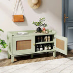 Banc à chaussures 2 portes en bois vert avec portes en rotin et rangement 2 niveaux - Usage unique