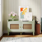 Banc à chaussures 2 portes en bois vert avec portes en rotin et rangement 2 niveaux - Usage unique