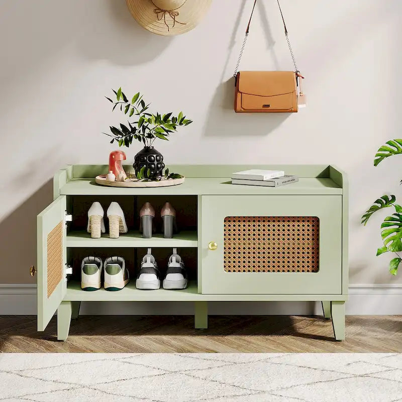 Banc à chaussures 2 portes en bois vert avec portes en rotin et rangement 2 niveaux - Usage unique