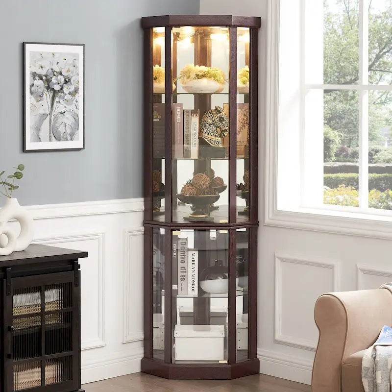 Vitrine d'angle éclairée en cerisier/chêne/blanc avec portes en verre et étagères réglables - Utilisation unique