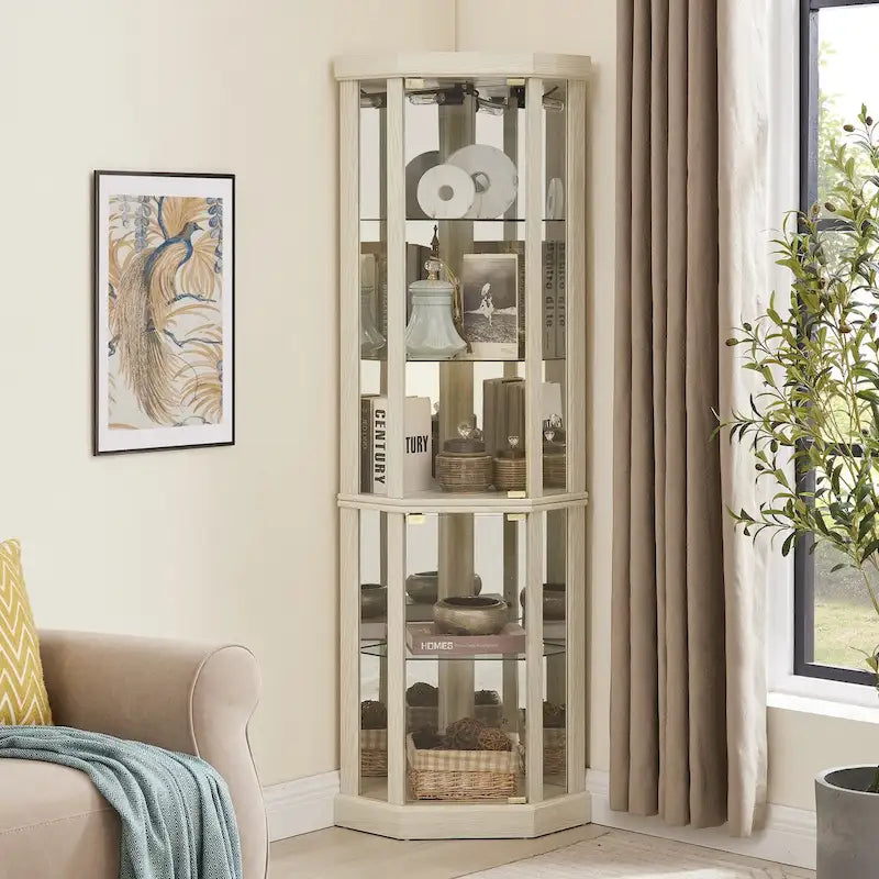 Vitrine d'angle éclairée en cerisier/chêne/blanc avec portes en verre et étagères réglables - Utilisation unique