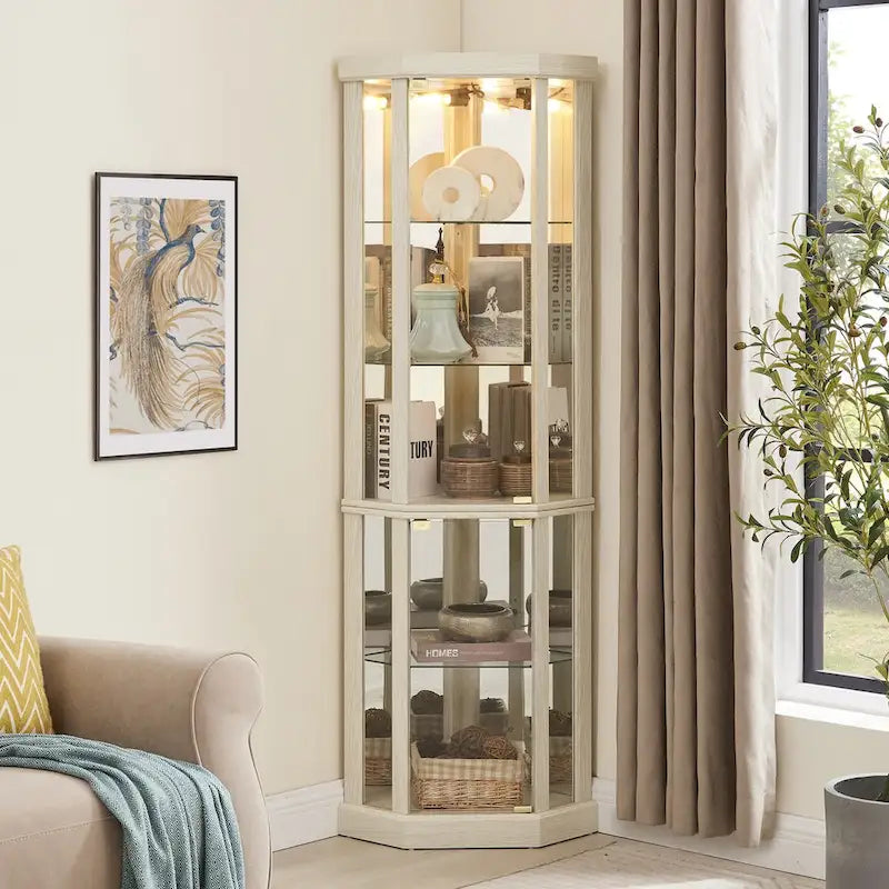 Vitrine d'angle éclairée en cerisier/chêne/blanc avec portes en verre et étagères réglables - Utilisation unique