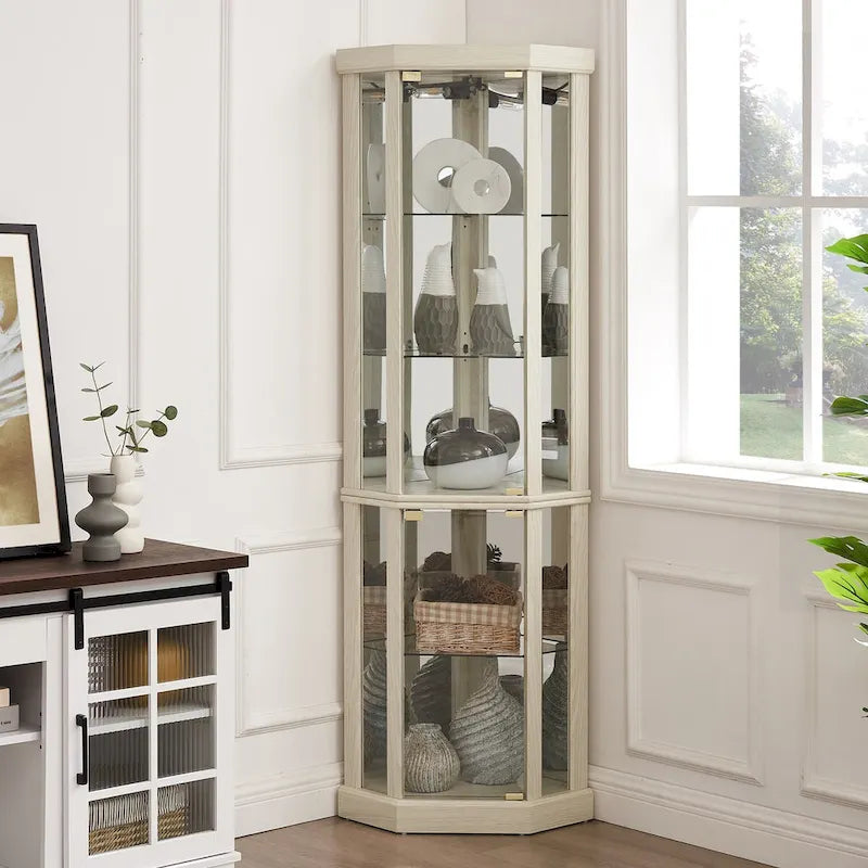Vitrine d'angle éclairée en cerisier/chêne/blanc avec portes en verre et étagères réglables - Utilisation unique