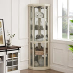 Vitrine d'angle éclairée en cerisier/chêne/blanc avec portes en verre et étagères réglables - Utilisation unique