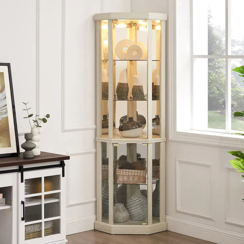 Vitrine d'angle éclairée en cerisier/chêne/blanc avec portes en verre et étagères réglables - Utilisation unique