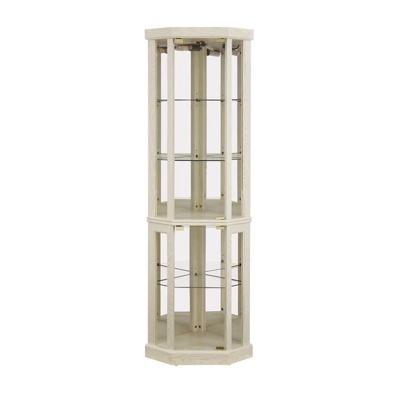 Vitrine d'angle éclairée en cerisier/chêne/blanc avec portes en verre et étagères réglables - Utilisation unique