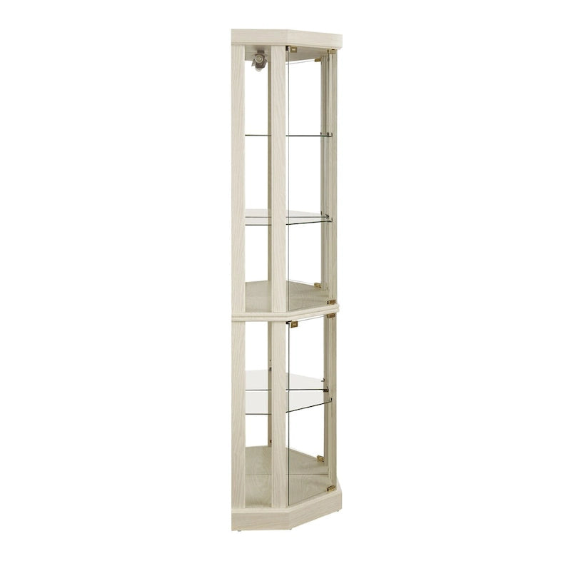 Vitrine d'angle éclairée en cerisier/chêne/blanc avec portes en verre et étagères réglables - Utilisation unique