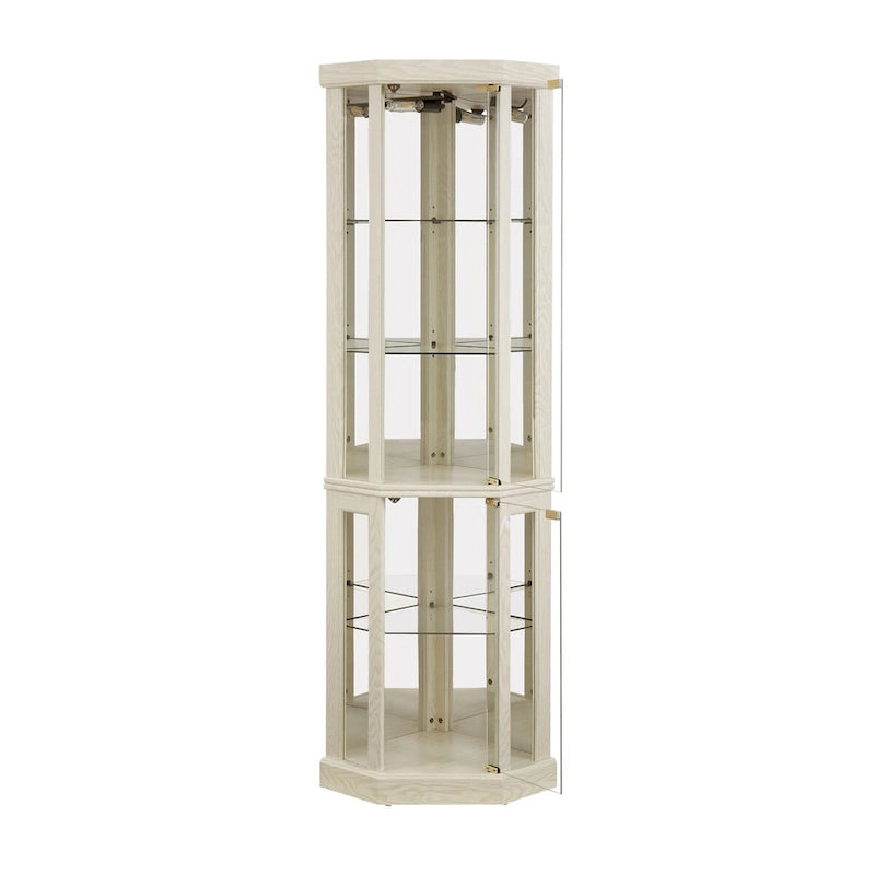 Vitrine d'angle éclairée en cerisier/chêne/blanc avec portes en verre et étagères réglables - Utilisation unique