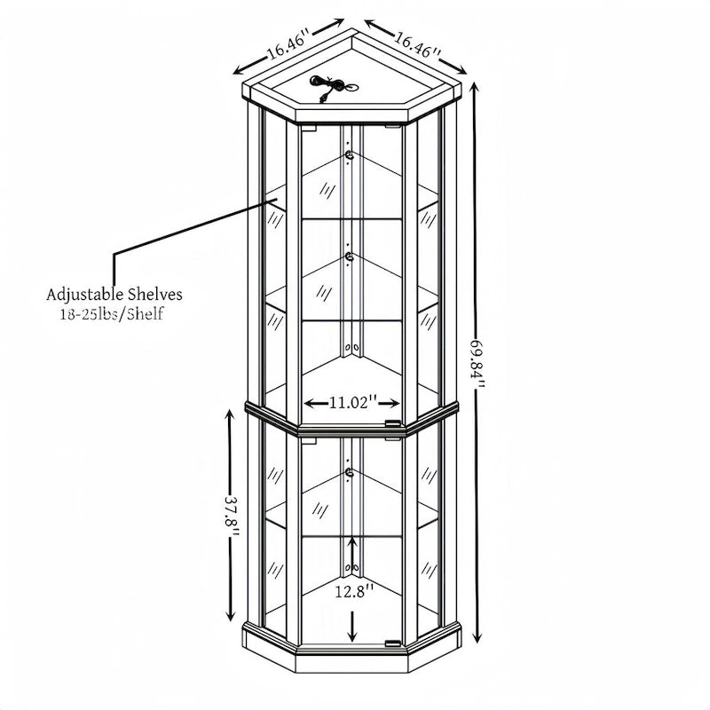 Vitrine d'angle éclairée en cerisier/chêne/blanc avec portes en verre et étagères réglables - Utilisation unique